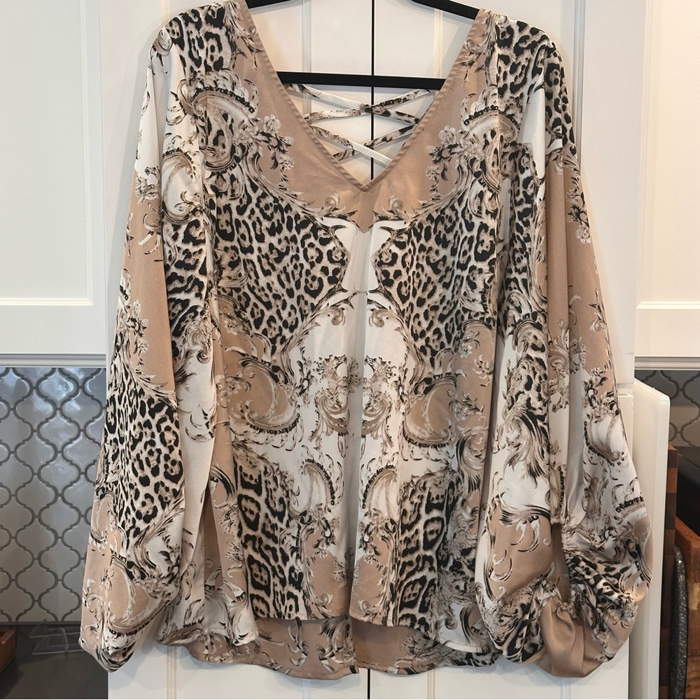 Meritt Womens Animal Print Puff Sleeve V-Neck Blouse Top Sz 2X Criss Cross Back